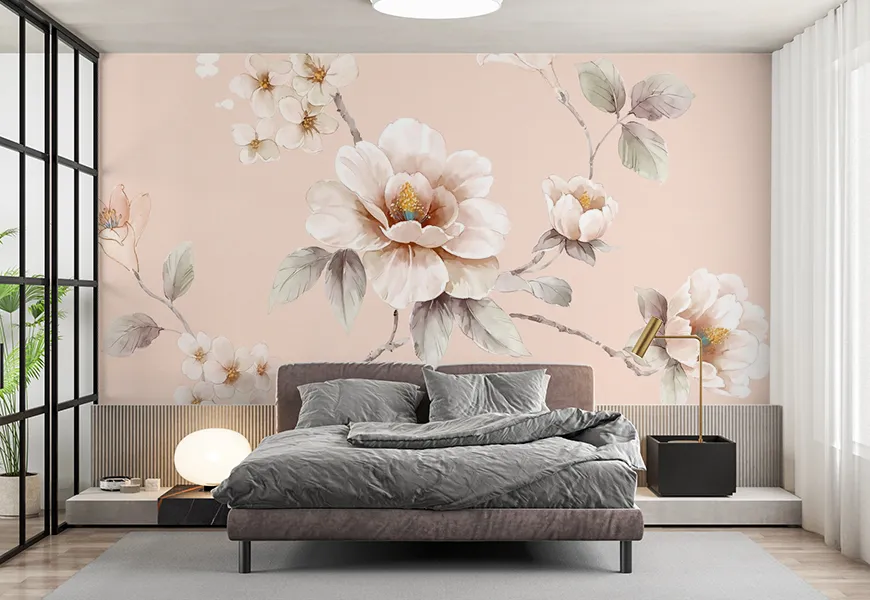 کاغذ دیواری سه بعدی اتاق خواب عروس و داماد طرح شکوفه آلو